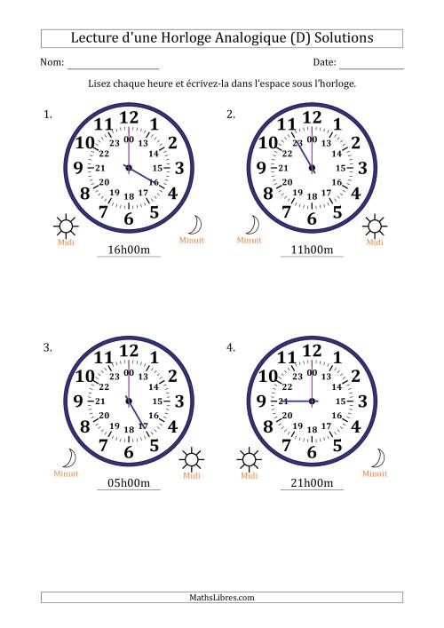 Lecture de l'Heure sur Une Horloge Analogique utilisant le système horaire sur 24 heures avec 1 Heures d'Intervalle (4 Horloges) (D) page 2