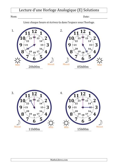 Lecture de l'Heure sur Une Horloge Analogique utilisant le système horaire sur 24 heures avec 1 Heures d'Intervalle (4 Horloges) (E) page 2