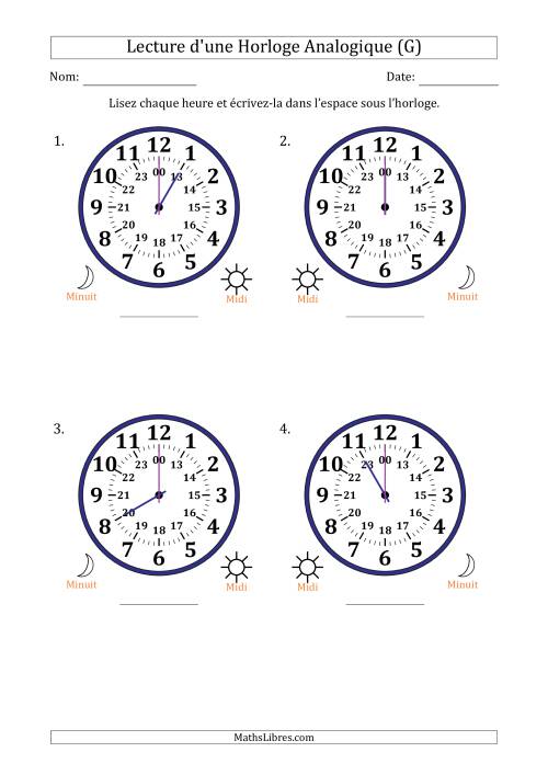 Lecture de l'Heure sur Une Horloge Analogique utilisant le système horaire sur 24 heures avec 1 Heures d'Intervalle (4 Horloges) (G)