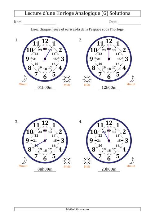 Lecture de l'Heure sur Une Horloge Analogique utilisant le système horaire sur 24 heures avec 1 Heures d'Intervalle (4 Horloges) (G) page 2