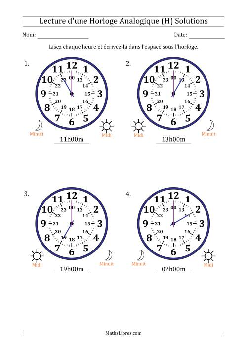 Lecture de l'Heure sur Une Horloge Analogique utilisant le système horaire sur 24 heures avec 1 Heures d'Intervalle (4 Horloges) (H) page 2