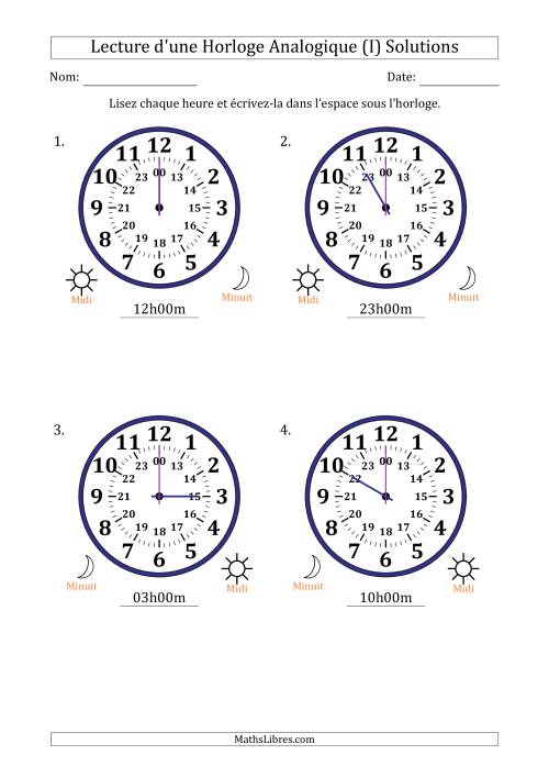 Lecture de l'Heure sur Une Horloge Analogique utilisant le système horaire sur 24 heures avec 1 Heures d'Intervalle (4 Horloges) (I) page 2