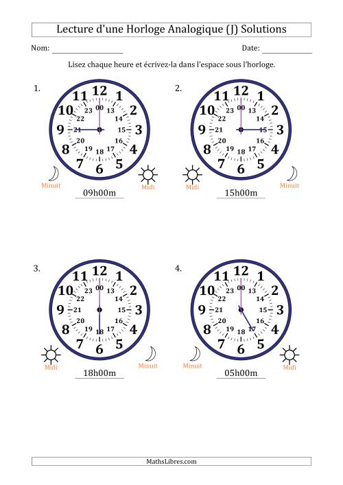 Lecture de l'Heure sur Une Horloge Analogique utilisant le système horaire sur 24 heures avec 1 Heures d'Intervalle (4 Horloges) (J) page 2