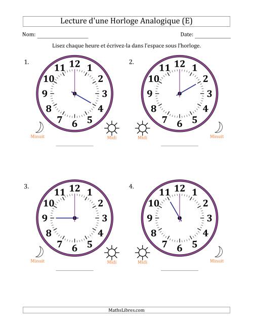 Lecture de l'Heure sur Une Horloge Analogique utilisant le système horaire sur 12 heures avec 1 Heures d'Intervalle (4 Horloges) (E)