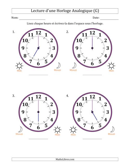 Lecture de l'Heure sur Une Horloge Analogique utilisant le système horaire sur 12 heures avec 1 Heures d'Intervalle (4 Horloges) (G)