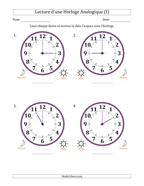 Lecture de l'Heure sur Une Horloge Analogique utilisant le système horaire sur 12 heures avec 1 Heures d'Intervalle (4 Horloges) (I)