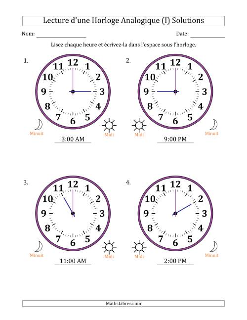 Lecture de l'Heure sur Une Horloge Analogique utilisant le système horaire sur 12 heures avec 1 Heures d'Intervalle (4 Horloges) (I) page 2