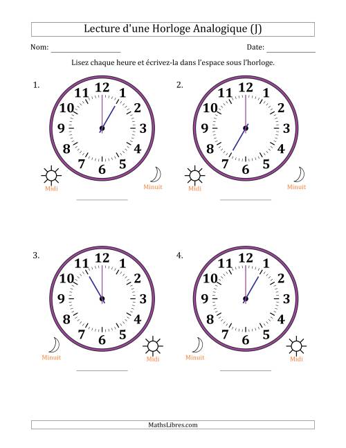 Lecture de l'Heure sur Une Horloge Analogique utilisant le système horaire sur 12 heures avec 1 Heures d'Intervalle (4 Horloges) (J)