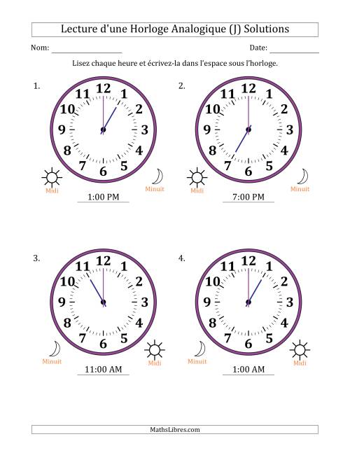 Lecture de l'Heure sur Une Horloge Analogique utilisant le système horaire sur 12 heures avec 1 Heures d'Intervalle (4 Horloges) (J) page 2