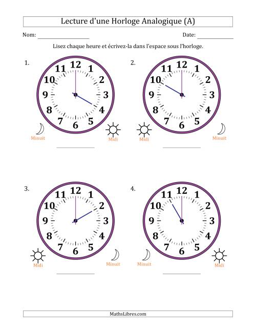 Lecture de l'Heure sur Une Horloge Analogique utilisant le système horaire sur 12 heures avec 1 Heures d'Intervalle (4 Horloges) (Tout)