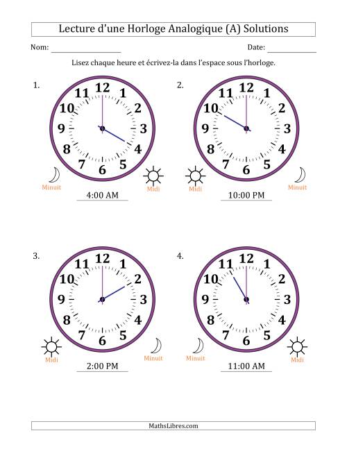 Lecture de l'Heure sur Une Horloge Analogique utilisant le système horaire sur 12 heures avec 1 Heures d'Intervalle (4 Horloges) (Tout) page 2
