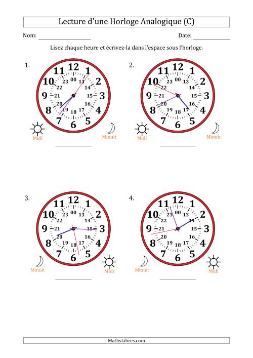 Lecture de l'Heure sur Une Horloge Analogique utilisant le système horaire sur 24 heures avec 1 Secondes d'Intervalle (4 Horloges) (C)
