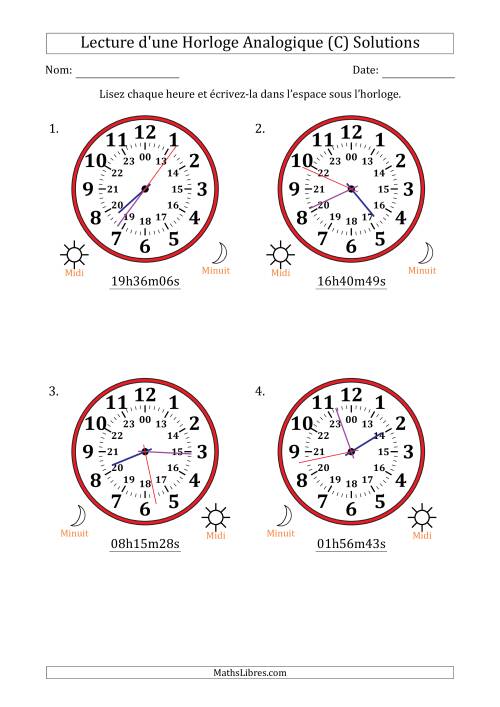 Lecture de l'Heure sur Une Horloge Analogique utilisant le système horaire sur 24 heures avec 1 Secondes d'Intervalle (4 Horloges) (C) page 2