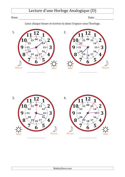 Lecture de l'Heure sur Une Horloge Analogique utilisant le système horaire sur 24 heures avec 1 Secondes d'Intervalle (4 Horloges) (D)