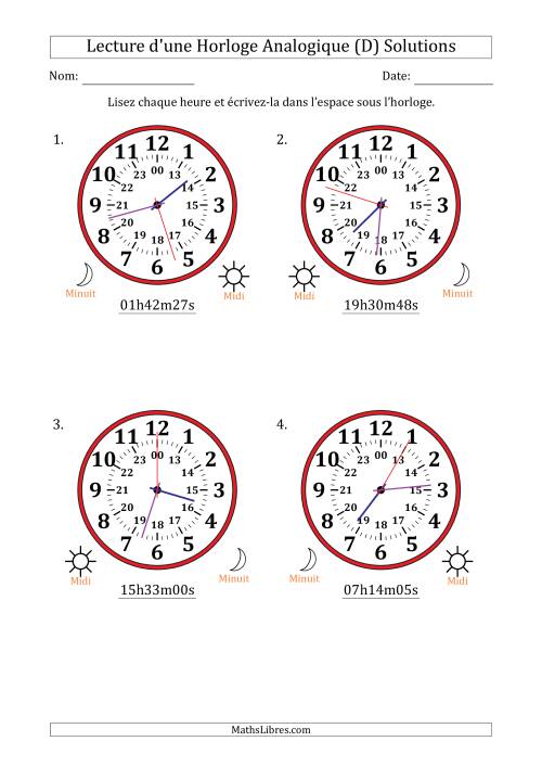 Lecture de l'Heure sur Une Horloge Analogique utilisant le système horaire sur 24 heures avec 1 Secondes d'Intervalle (4 Horloges) (D) page 2