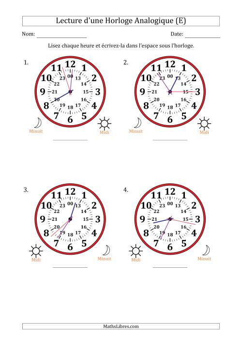 Lecture de l'Heure sur Une Horloge Analogique utilisant le système horaire sur 24 heures avec 1 Secondes d'Intervalle (4 Horloges) (E)