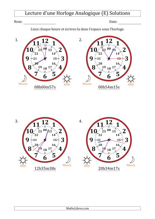 Lecture de l'Heure sur Une Horloge Analogique utilisant le système horaire sur 24 heures avec 1 Secondes d'Intervalle (4 Horloges) (E) page 2