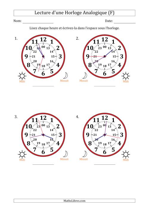 Lecture de l'Heure sur Une Horloge Analogique utilisant le système horaire sur 24 heures avec 1 Secondes d'Intervalle (4 Horloges) (F)