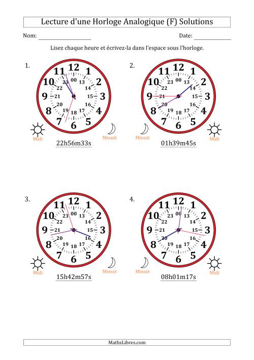 Lecture de l'Heure sur Une Horloge Analogique utilisant le système horaire sur 24 heures avec 1 Secondes d'Intervalle (4 Horloges) (F) page 2