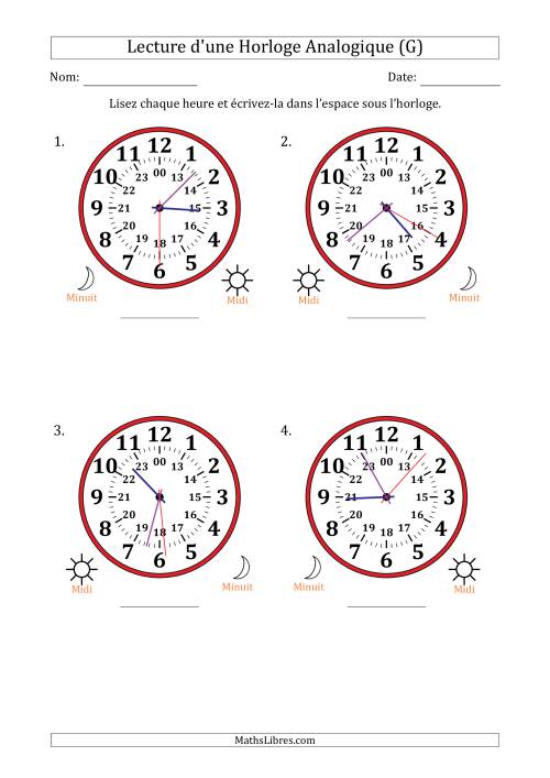 Lecture de l'Heure sur Une Horloge Analogique utilisant le système horaire sur 24 heures avec 1 Secondes d'Intervalle (4 Horloges) (G)