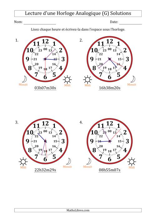 Lecture de l'Heure sur Une Horloge Analogique utilisant le système horaire sur 24 heures avec 1 Secondes d'Intervalle (4 Horloges) (G) page 2