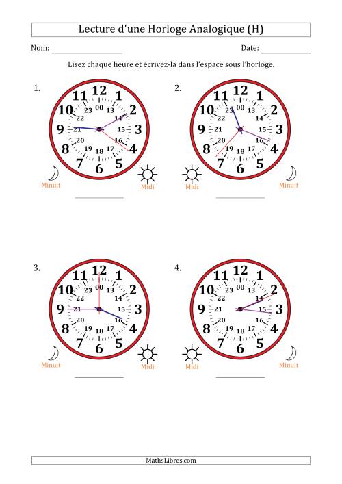 Lecture de l'Heure sur Une Horloge Analogique utilisant le système horaire sur 24 heures avec 1 Secondes d'Intervalle (4 Horloges) (H)