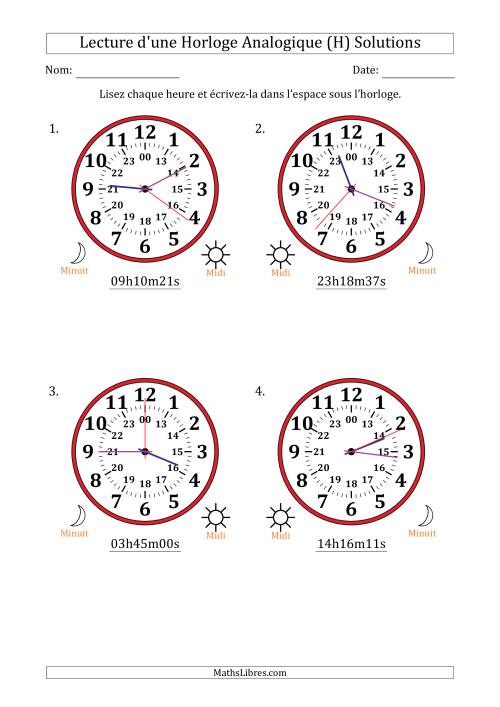 Lecture de l'Heure sur Une Horloge Analogique utilisant le système horaire sur 24 heures avec 1 Secondes d'Intervalle (4 Horloges) (H) page 2