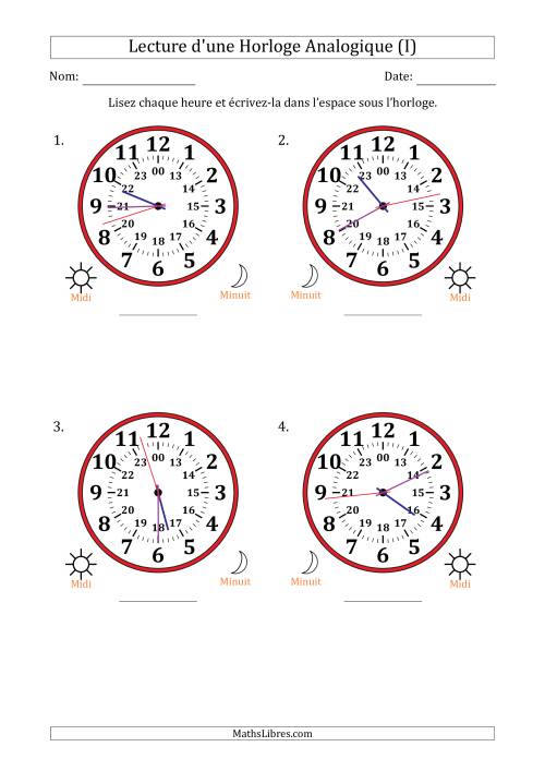 Lecture de l'Heure sur Une Horloge Analogique utilisant le système horaire sur 24 heures avec 1 Secondes d'Intervalle (4 Horloges) (I)
