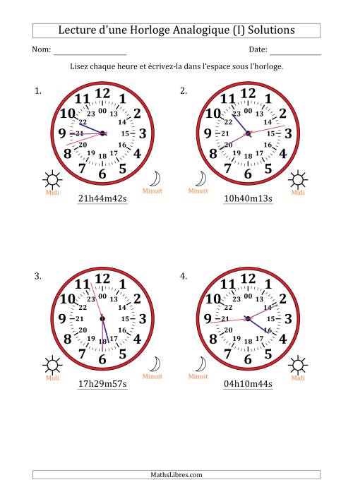 Lecture de l'Heure sur Une Horloge Analogique utilisant le système horaire sur 24 heures avec 1 Secondes d'Intervalle (4 Horloges) (I) page 2