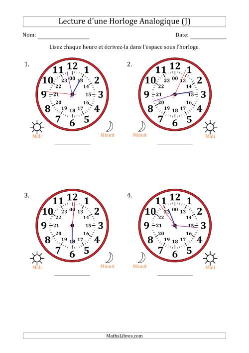 Lecture de l'Heure sur Une Horloge Analogique utilisant le système horaire sur 24 heures avec 1 Secondes d'Intervalle (4 Horloges) (J)