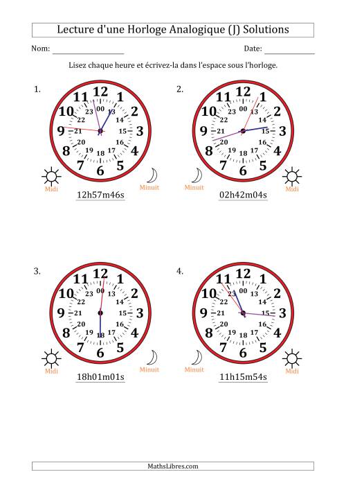 Lecture de l'Heure sur Une Horloge Analogique utilisant le système horaire sur 24 heures avec 1 Secondes d'Intervalle (4 Horloges) (J) page 2