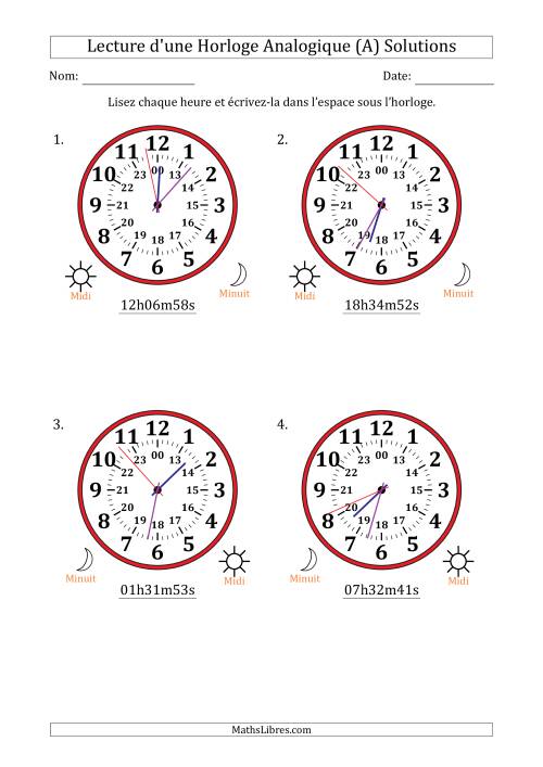 Lecture de l'Heure sur Une Horloge Analogique utilisant le système horaire sur 24 heures avec 1 Secondes d'Intervalle (4 Horloges) (Tout) page 2