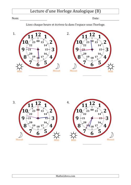 Lecture de l'Heure sur Une Horloge Analogique utilisant le système horaire sur 24 heures avec 15 Secondes d'Intervalle (4 Horloges) (B)