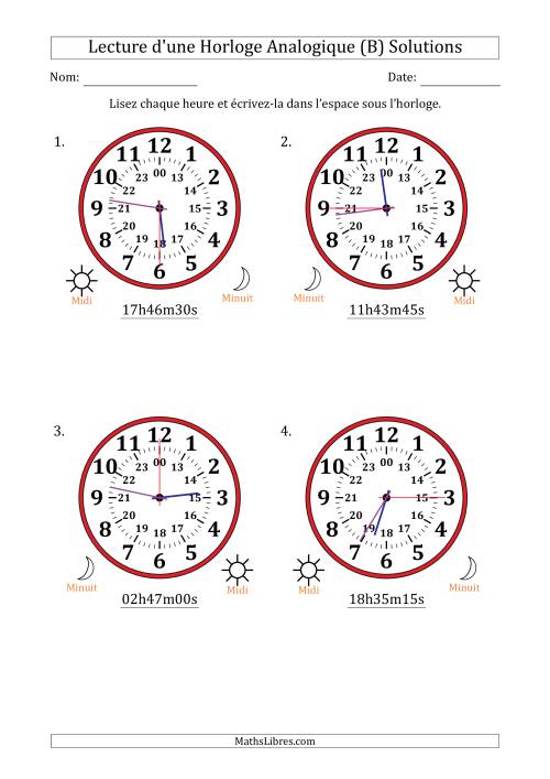 Lecture de l'Heure sur Une Horloge Analogique utilisant le système horaire sur 24 heures avec 15 Secondes d'Intervalle (4 Horloges) (B) page 2