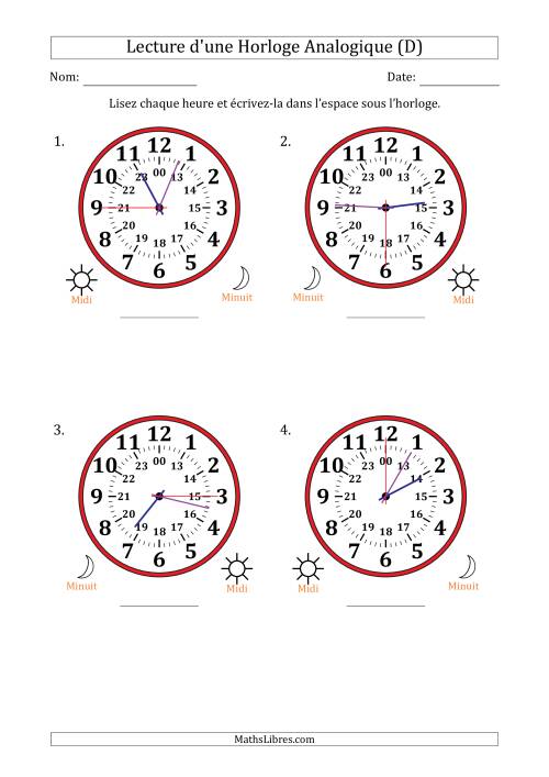 Lecture de l'Heure sur Une Horloge Analogique utilisant le système horaire sur 24 heures avec 15 Secondes d'Intervalle (4 Horloges) (D)