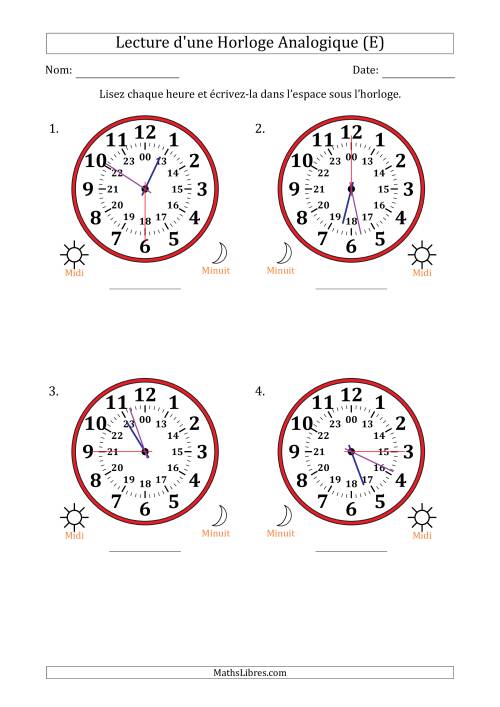 Lecture de l'Heure sur Une Horloge Analogique utilisant le système horaire sur 24 heures avec 15 Secondes d'Intervalle (4 Horloges) (E)