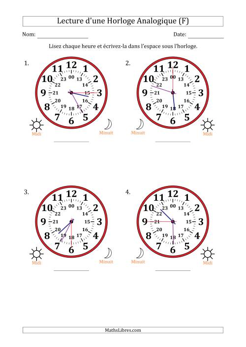 Lecture de l'Heure sur Une Horloge Analogique utilisant le système horaire sur 24 heures avec 15 Secondes d'Intervalle (4 Horloges) (F)