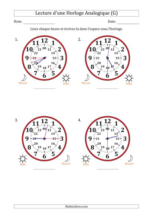 Lecture de l'Heure sur Une Horloge Analogique utilisant le système horaire sur 24 heures avec 15 Secondes d'Intervalle (4 Horloges) (G)