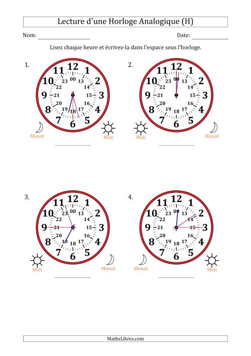 Lecture de l'Heure sur Une Horloge Analogique utilisant le système horaire sur 24 heures avec 15 Secondes d'Intervalle (4 Horloges) (H)