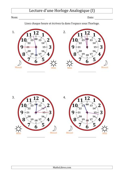 Lecture de l'Heure sur Une Horloge Analogique utilisant le système horaire sur 24 heures avec 15 Secondes d'Intervalle (4 Horloges) (I)