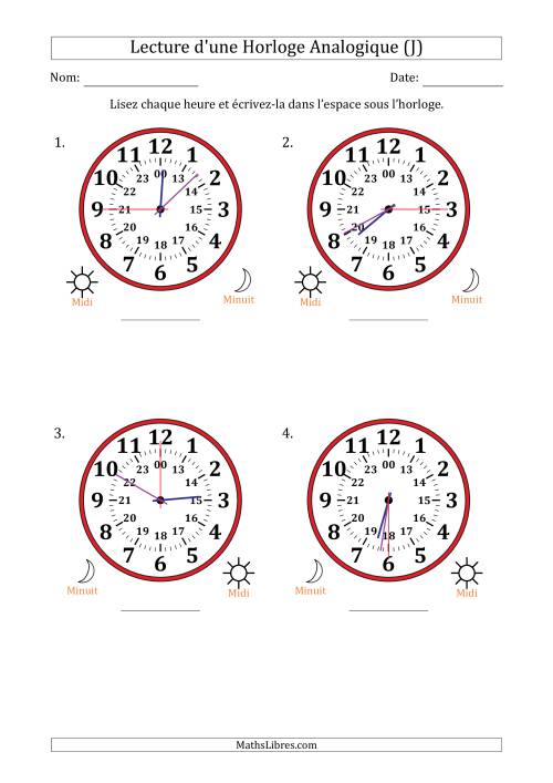 Lecture de l'Heure sur Une Horloge Analogique utilisant le système horaire sur 24 heures avec 15 Secondes d'Intervalle (4 Horloges) (J)
