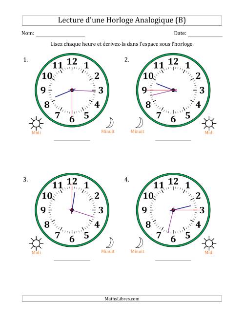 Lecture de l'Heure sur Une Horloge Analogique utilisant le système horaire sur 12 heures avec 15 Secondes d'Intervalle (4 Horloges) (B)
