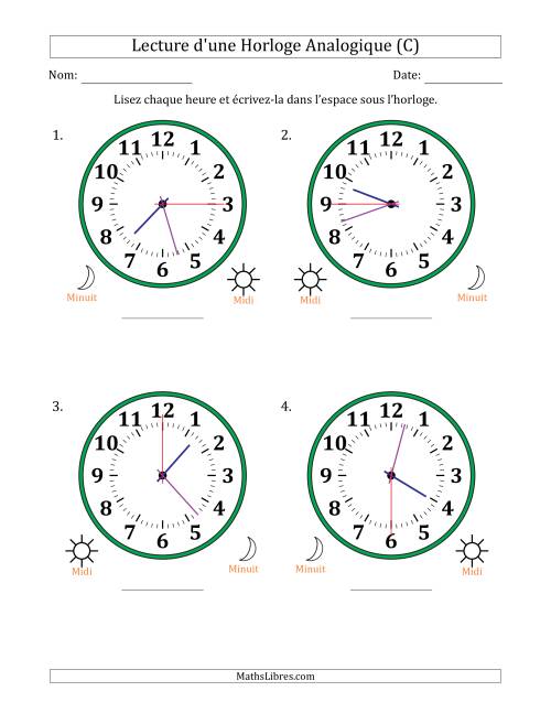 Lecture de l'Heure sur Une Horloge Analogique utilisant le système horaire sur 12 heures avec 15 Secondes d'Intervalle (4 Horloges) (C)