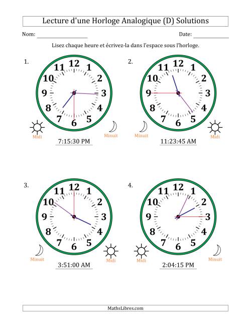 Lecture de l'Heure sur Une Horloge Analogique utilisant le système horaire sur 12 heures avec 15 Secondes d'Intervalle (4 Horloges) (D) page 2