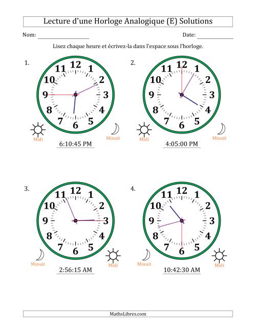 Lecture de l'Heure sur Une Horloge Analogique utilisant le système horaire sur 12 heures avec 15 Secondes d'Intervalle (4 Horloges) (E) page 2
