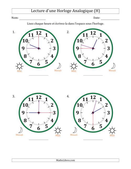 Lecture de l'Heure sur Une Horloge Analogique utilisant le système horaire sur 12 heures avec 15 Secondes d'Intervalle (4 Horloges) (H)
