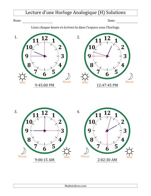 Lecture de l'Heure sur Une Horloge Analogique utilisant le système horaire sur 12 heures avec 15 Secondes d'Intervalle (4 Horloges) (H) page 2