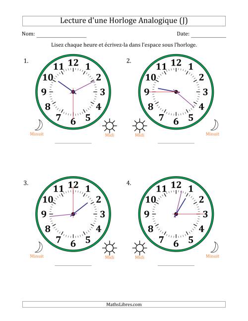 Lecture de l'Heure sur Une Horloge Analogique utilisant le système horaire sur 12 heures avec 15 Secondes d'Intervalle (4 Horloges) (J)