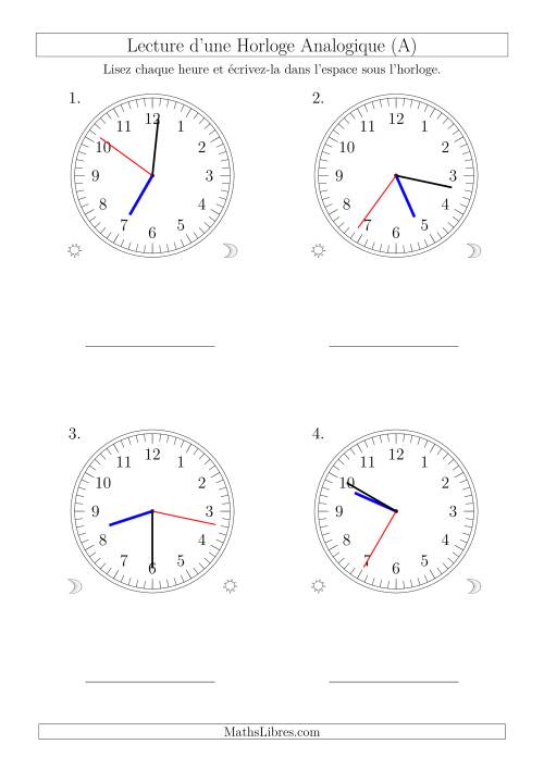 Lecture de l'Heure sur Une Horloge Analogique avec 1 Minute  Seconde d'Intervalle (4 Horloges) (A)
