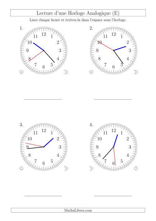 Lecture de l'Heure sur Une Horloge Analogique avec 1 Minute  Seconde d'Intervalle (4 Horloges) (E)